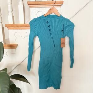 NWT Teal Ribbed Knit Bodycon Mini Dress Cutout Front Detail Women's Small